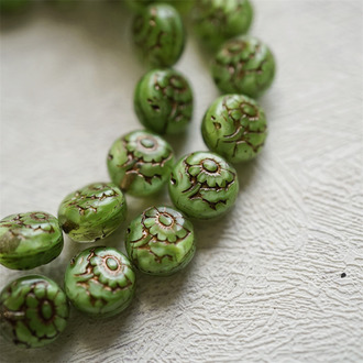 丝绸绿描古铜色~超精致绝美双面古风花朵捷克珠玻璃琉璃 10MM