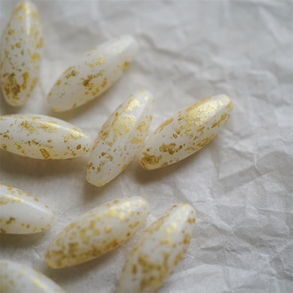 白玉烫金色~梭形椭圆直孔立体多面珠捷克珠玻璃琉璃珠 19X7MM