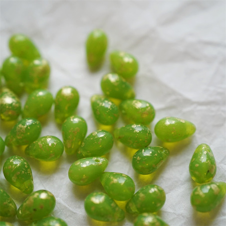 蛋白玉绿烫金色~常规水滴珠捷克珠玻璃琉璃珠 6X9MM-3