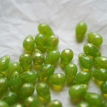 蛋白玉绿烫金色~常规水滴珠捷克珠玻璃琉璃珠 6X9MM-4