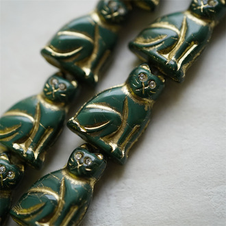 丝绸墨绿色描金(透明白钻眼睛)~中号超复古可爱猫咪珠捷克玻璃琉璃珠 19X14MM