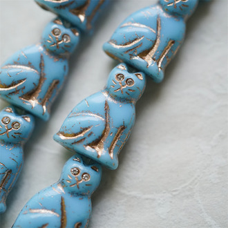 油画蓝描玫瑰金色(透明白钻眼睛)~中号超复古可爱猫咪珠捷克玻璃琉璃珠 19X14MM