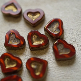 深橘红条纹mix光泽金属感~复古少女爱心桃心捷克珠玻璃珠琉璃珠 14X12MM