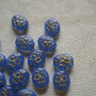果冻蓝描金色~迷你椭圆幸运草花纹捷克珠玻璃琉璃 10X8MM