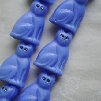 亮面丝绸温柔海蓝(灰蓝钻眼睛)~中号超复古可爱猫咪珠捷克玻璃琉璃珠 19X14MM