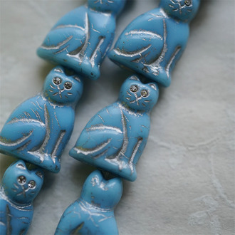 油画蓝描银色(透明白钻眼睛)~中号超复古可爱猫咪珠捷克玻璃琉璃珠 19X14MM