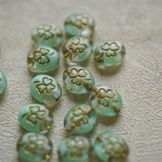 薄荷绿透明夹心描金色~迷你椭圆幸运草花纹捷克珠玻璃琉璃 10X8MM