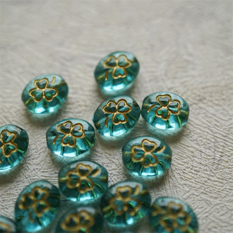 透海蓝描金色~迷你椭圆幸运草花纹捷克珠玻璃琉璃 10X8MM
