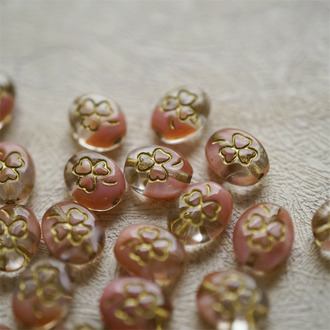 粉色夹心透明mix描金色~迷你椭圆幸运草花纹捷克珠玻璃琉璃 10X8MM