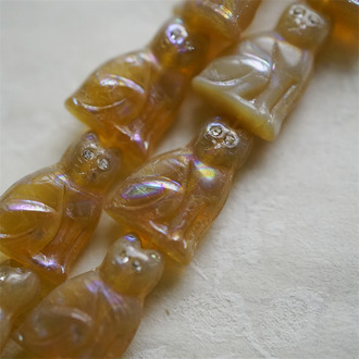 果冻卡其色渐变幻彩镭射条纹(透明白钻眼睛)~中号超复古可爱猫咪珠捷克玻璃琉璃珠 19X14MM