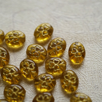 透感琥珀色描金色~迷你椭圆幸运草花纹捷克珠玻璃琉璃 10X8MM