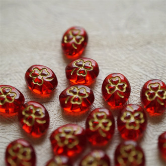 透宝石红描金色~迷你椭圆幸运草花纹捷克珠玻璃琉璃 10X8MM