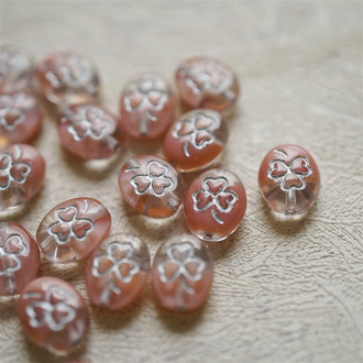 粉色夹心透明mix描银色~迷你椭圆幸运草花纹捷克珠玻璃琉璃 10X8MM