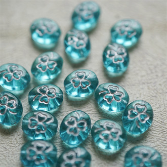 透水蓝描银色~迷你椭圆幸运草花纹捷克珠玻璃琉璃 10X8MM