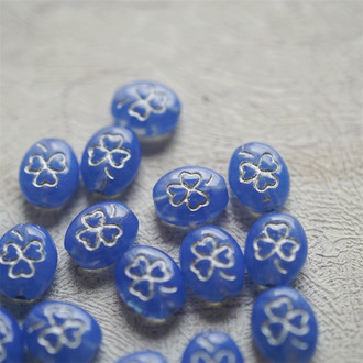 果冻蓝描银色~迷你椭圆幸运草花纹捷克珠玻璃琉璃 10X8MM