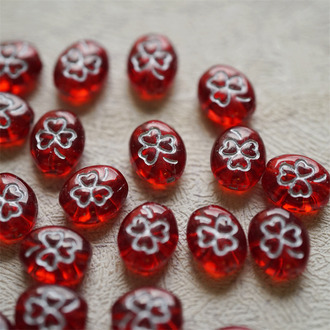 透宝石红描银色~迷你椭圆幸运草花纹捷克珠玻璃琉璃 10X8MM