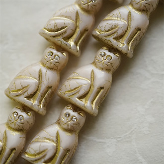 亮面浅浅粉丝绸感描金(透明白钻眼睛)~中号超复古可爱猫咪珠捷克玻璃琉璃珠 19X14MM