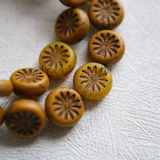 复古秋日南瓜橘mix描古铜金色~扁圆放射小花捷克珠玻璃琉璃 12MM