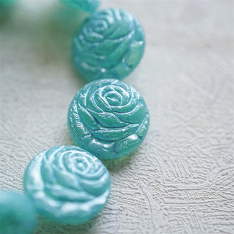 雾面果冻蓝色调~浮雕玫瑰扁圆捷克珠玻璃琉璃 17MM