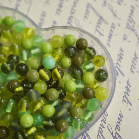 橄榄绿色系mix手造小圆珠椭圆珠~日本制手工琉璃玻璃珠樱桃牌古董珠