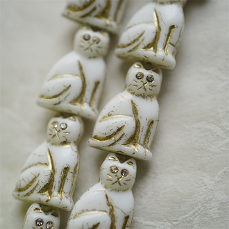 经典白色描金(透明白钻眼睛)~中号超复古可爱猫咪珠捷克玻璃琉璃珠 19X14MM