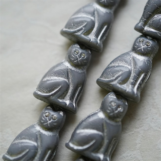 复古深灰色描银色(透明白钻眼睛)~中号超复古可爱猫咪珠捷克玻璃琉璃珠 19X14MM