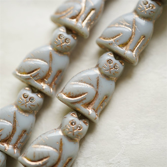 复古浅灰色描玫瑰金色(透明白钻眼睛)~中号超复古可爱猫咪珠捷克玻璃琉璃珠 19X14MM