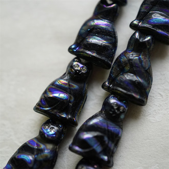 黑色镭射斑纹(透明白钻眼睛)~中号超复古可爱猫咪珠捷克玻璃琉璃珠 19X14MM