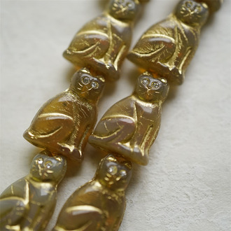 复古琥珀黄玉色mix描金(透明白钻眼睛)~中号超复古可爱猫咪珠捷克玻璃琉璃珠 19X14MM