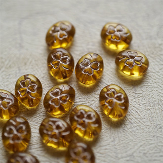 透感琥珀色描白金色~迷你椭圆幸运草花纹捷克珠玻璃琉璃 10X8MM