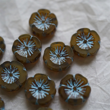 蛋白卡其描蓝色~捷克珠夏威夷小花花花朵琉璃珠玻璃珠DIY串珠材料 14MM-1