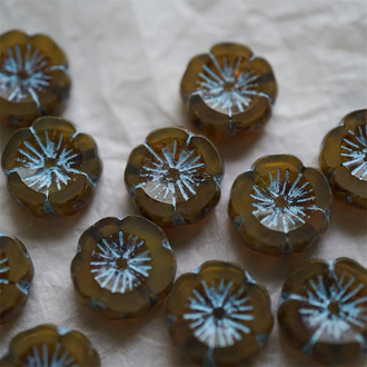 蛋白卡其描蓝色~捷克珠夏威夷小花花花朵琉璃珠玻璃珠DIY串珠材料 14MM