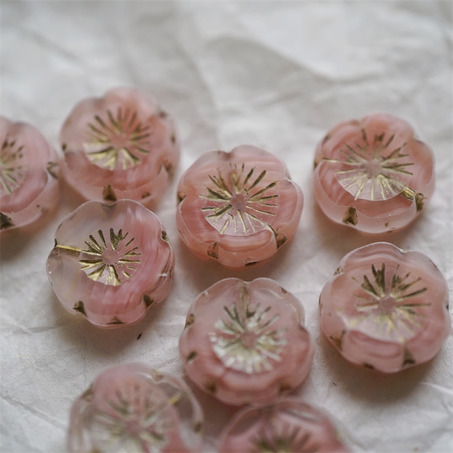 纯粉色条纹mix描金~捷克珠夏威夷小花花花朵琉璃珠玻璃珠DIY串珠材料 14MM