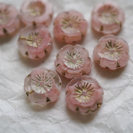 纯粉色条纹mix描金~捷克珠夏威夷小花花花朵琉璃珠玻璃珠DIY串珠材料 14MM-2