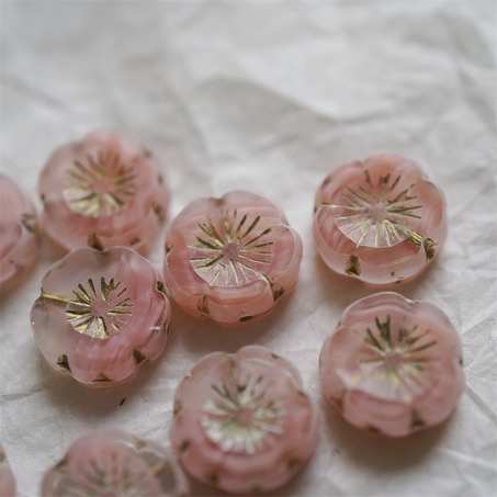 纯粉色条纹mix描金~捷克珠夏威夷小花花花朵琉璃珠玻璃珠DIY串珠材料 14MM-5