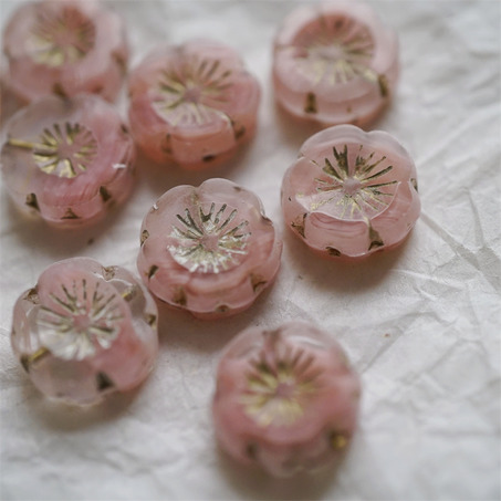 纯粉色条纹mix描金~捷克珠夏威夷小花花花朵琉璃珠玻璃珠DIY串珠材料 14MM-6