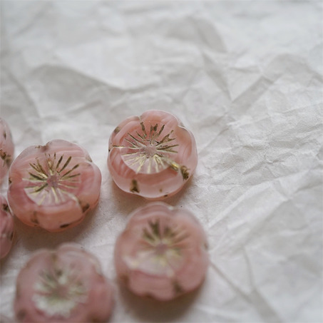 纯粉色条纹mix描金~捷克珠夏威夷小花花花朵琉璃珠玻璃珠DIY串珠材料 14MM-7