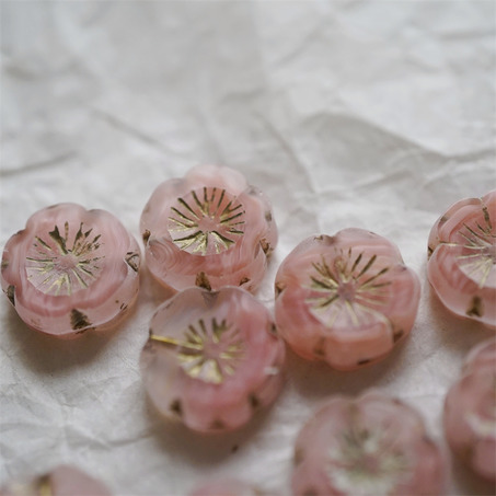 纯粉色条纹mix描金~捷克珠夏威夷小花花花朵琉璃珠玻璃珠DIY串珠材料 14MM-8