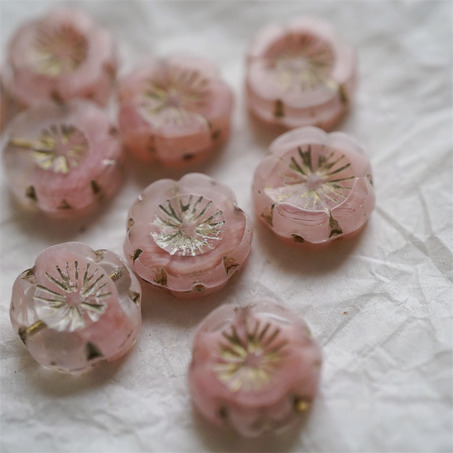纯粉色条纹mix描金~捷克珠夏威夷小花花花朵琉璃珠玻璃珠DIY串珠材料 14MM-9