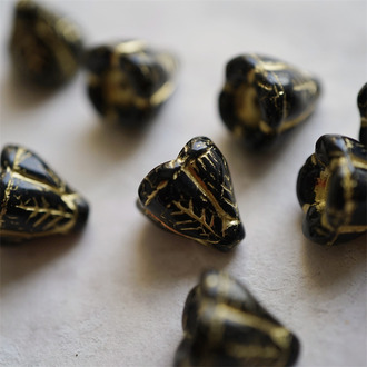 经典黑色描金~立体多肉圣诞铃铛花珠形捷克珠玻璃琉璃珠 14X14MM