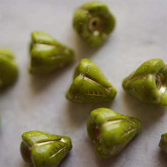 芥末绿描金~立体多肉圣诞铃铛花珠形捷克珠玻璃琉璃珠 14X14MM