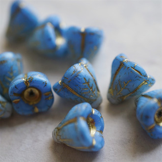 丝绸感蓝白渐变描金~立体多肉圣诞铃铛花珠形捷克珠玻璃琉璃珠 14X14MM
