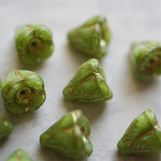 丝绸果绿色描金~立体多肉圣诞铃铛花珠形捷克珠玻璃琉璃珠 14X14MM