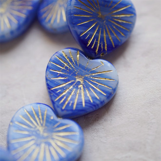 深蓝白条纹mix描金色~放射形大爱心捷克珠玻璃琉璃串珠 22MM