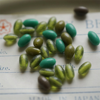 枯叶绿色系mix手造迷你米粒形椭圆珠~日本制手工琉璃玻璃珠樱桃牌古董珠 5-9.5MM