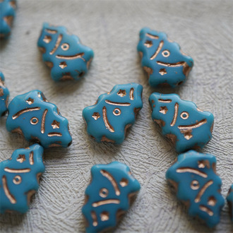 复古松石深绿描玫瑰金色~圣诞树捷克珠玻璃琉璃珠17X12MM