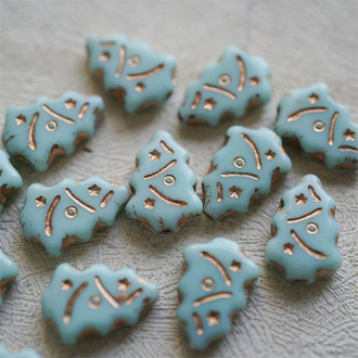 浅薄荷绿描玫瑰金色~圣诞树捷克珠玻璃琉璃珠17X12MM