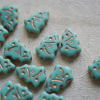 经典松石绿描玫瑰金色~圣诞树捷克珠玻璃琉璃珠17X12MM