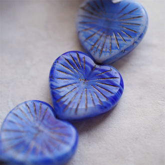 深蓝条纹描古铜色~放射形大爱心捷克珠玻璃琉璃串珠 22MM