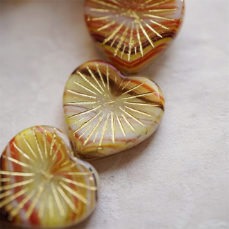 复古橘色系条纹mix描金~放射形大爱心捷克珠玻璃琉璃串珠 22MM
